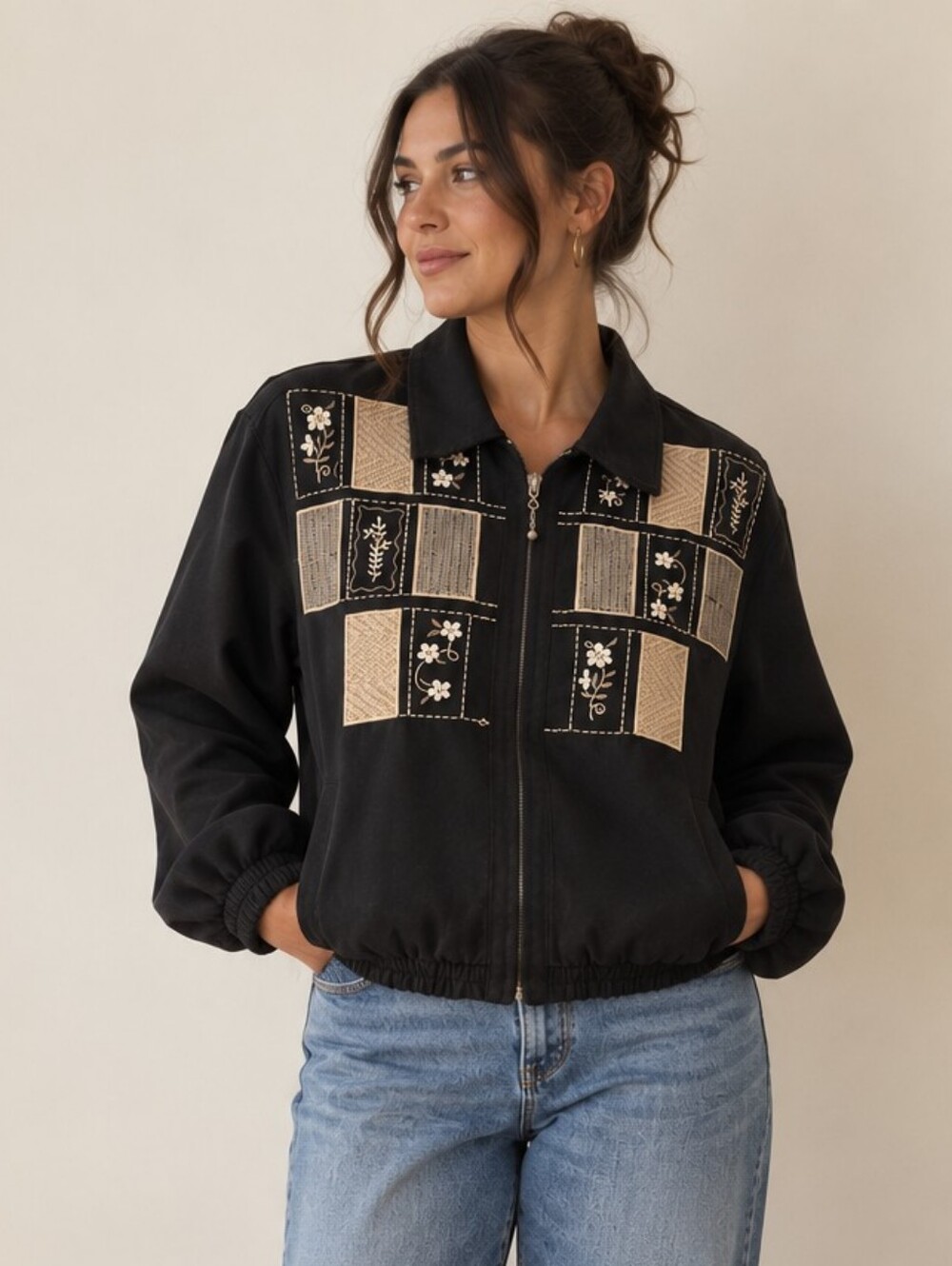 Vintage 90s Alfred Dunner Cottagecore Embroidered Floral Black Bomber Jacket XL